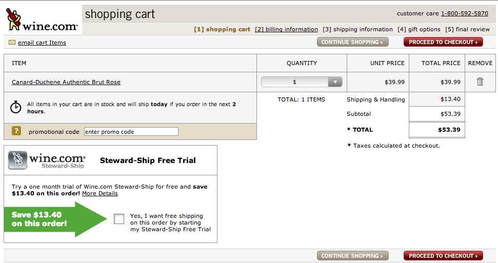 The clear progress steps help reduce cart abandonment, but we'd like to see them ask for zip code upfront.
