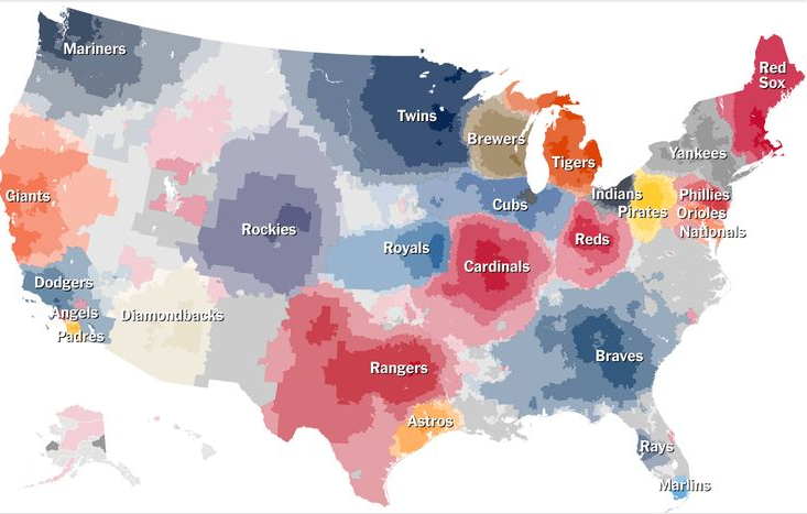Great map charting the baseball fans in the US!