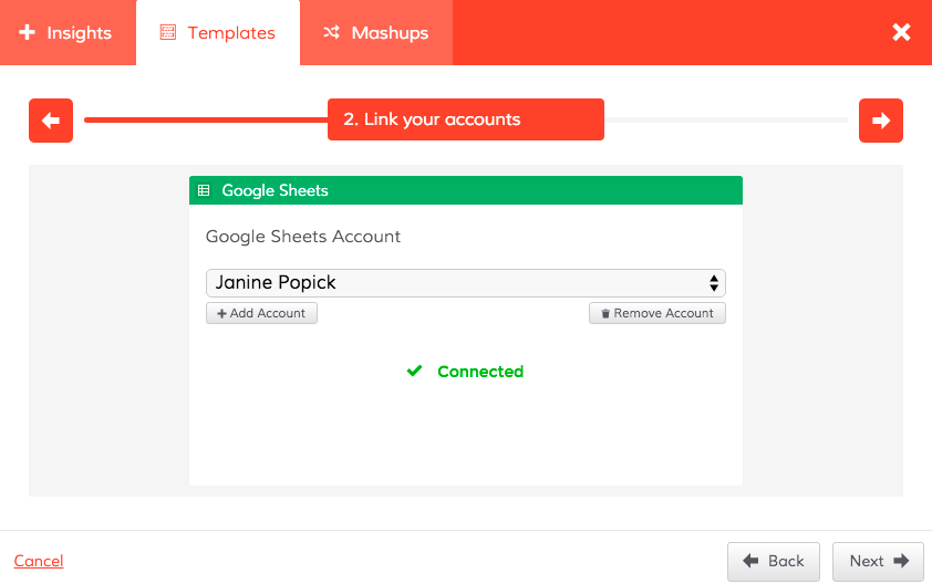 Screen to connect your accounts in your Dasheroo MacGyver dashboard template.