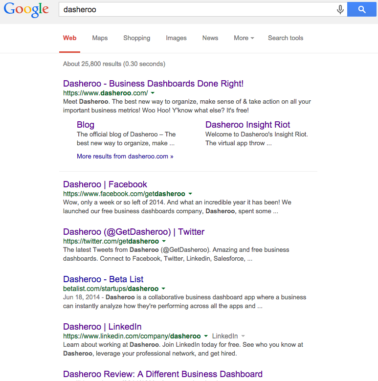 Here's the search results for a query on Dasheroo using social search