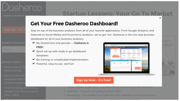 Dasheroo Google dashboard: popup