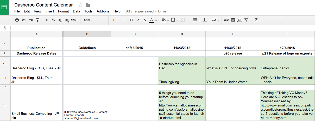 Google Sheets content calendar