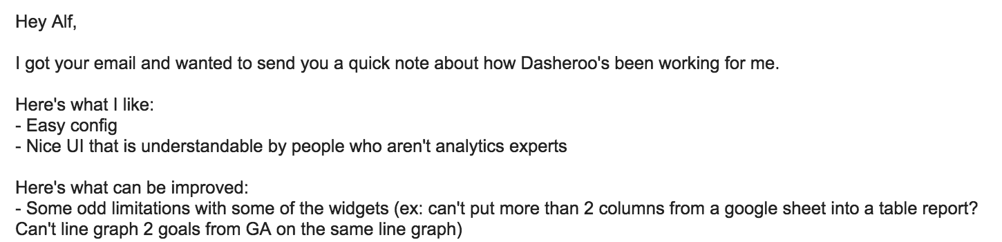 Dasheroo Google Sheets feedback